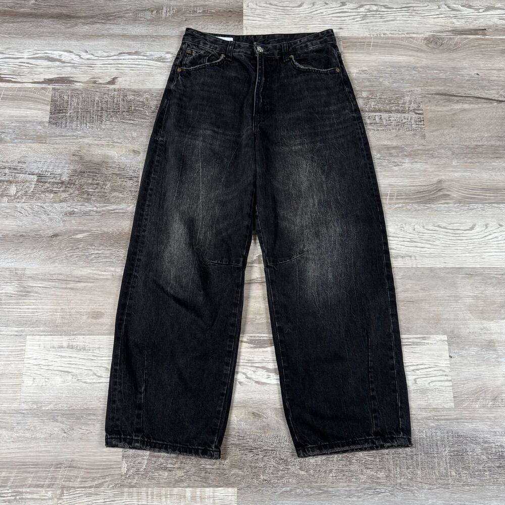 Zara Black Denim Barrel Leg High Rise Jeans Washed 90s Grunge Size 4